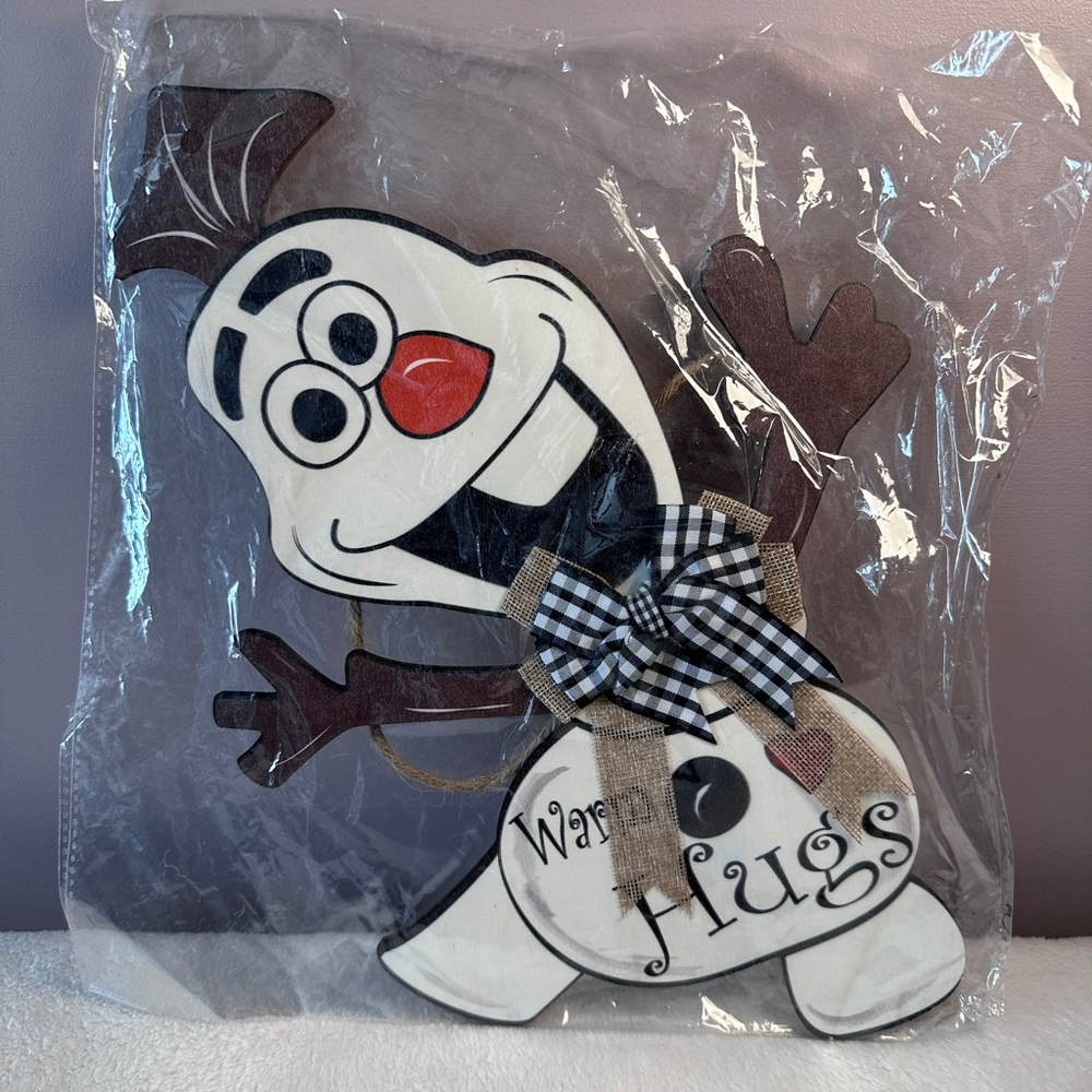 Olaf Snowman Wooden Sign Warm Hugs Holiday Decor 12” Gingham Bow Winter
